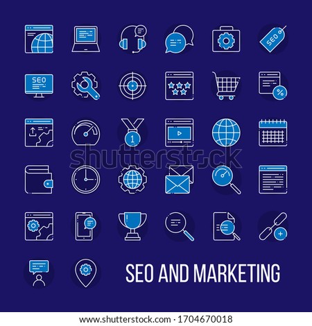 SEO And Marketing Icon Set. Vector Line Style. Blue background.