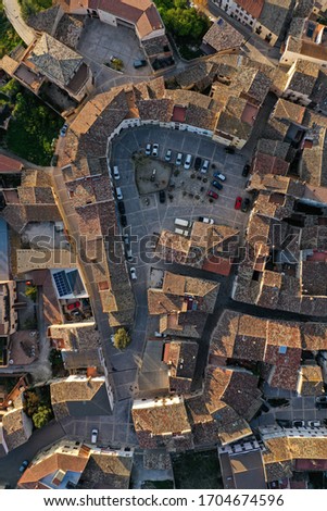 Aerial view of the town rooftops. La Llacuna, Spain