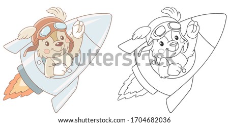 Coloring page with dog flying on spaceship. Cartoon animal. Clipart set for nursery poster, t shirt print, kids apparel, greeting card, label, patch or sticker. Vector illustration.