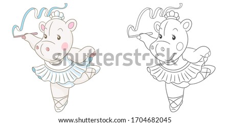 Coloring page with ballerina hippo. Cartoon animal. Clipart set for nursery poster, t shirt print, kids apparel, greeting card, label, patch or sticker. Vector illustration.