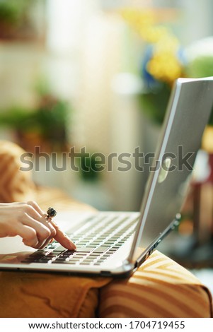 Closeup on woman in the house in sunny day using website on a laptop. typing on keyboard.