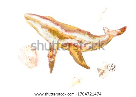 Resin art whale and sea shells on white background. Flat lay, top view