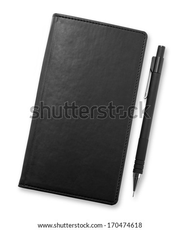 Black notebook and pencil isolated on white background, corporate style, identity design, corporate templates, company style