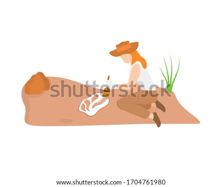 Archaeologist Excavating and Researching Dinosaur Skull Illustration