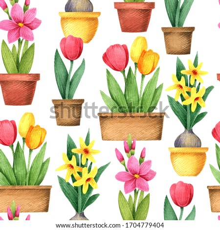 Seamless pattern of decorative flowers in pots.