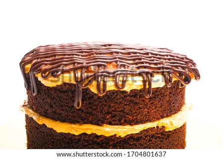 A clos up picture of salted caramel cake on isolated white background.