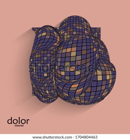 Abstract vector geometric shape with realistic shadow on flat colored background. 3D computer model  wire frame futuristic object. Grid distorted with multicolored pars. Technology data science icon.