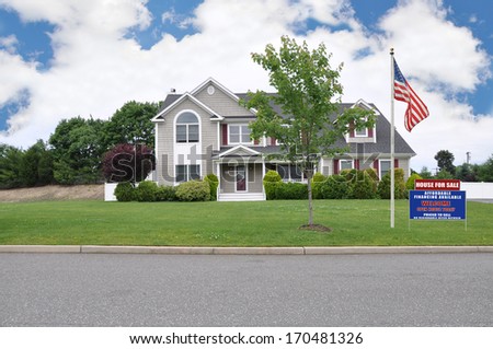 Real Estate For Sale Open House Sign Large Suburban McMansion Home Residential Neighborhood  USA Blue Sky Clouds