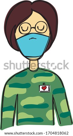 Vector drawing sketch of a female military police officer or private in a medical mask. You can use it as a logo, illustration, icon, graphic design, web design, ad, poster, warning, or designation.