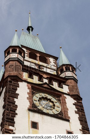 Freiburg im Breisgau, Baden-Wuerttemberg, Germany – MAY 11, 2015; shot of the city tower