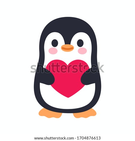 Cute cartoon penguin character holding heart. Kawaii little penguin isolated vector clip art illustration. I Love You greeting card.