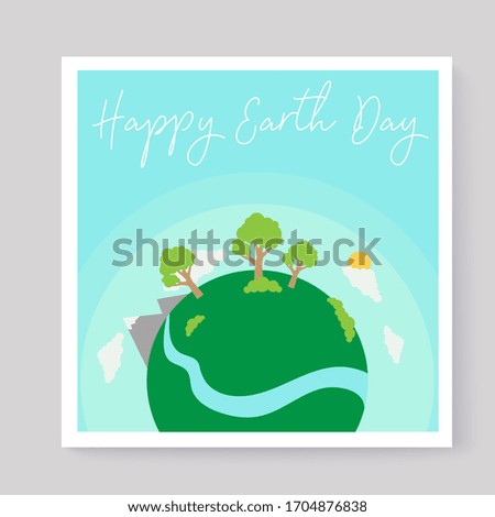 "Happy earth day" greeting card for social media post. Earth globe with clouds and tree on blue radial background,  illustration.