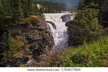 athabaska river and waterfall landscape over the Icefields Parkway, Jasper National Park, Alberta