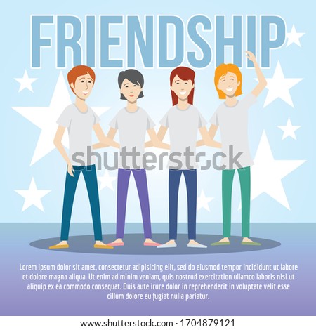 Flat people illustration, 4 people stand smiling and hugging. Men and women in loose clothing are standing right in t-shirts and trousers. Stars on the background. Blank for poster, greeting card