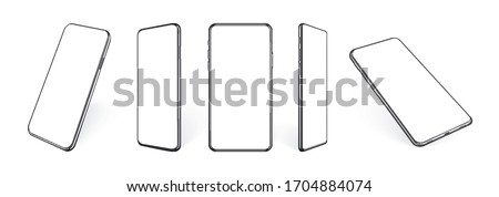 Realistic mobile phone mockup, set of smartphone devices in different angles and perpective view. Isolated black cell template with blank screen and shadows. Vector 3d illustration.