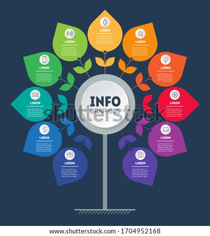 Business presentation or infographics concept with 11 options and icons. Vector. Template of tree, chart or diagram. Info graphic of technology or education process with eleven steps.