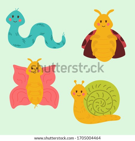 Cute and funny bugs, insects vector collection. cartoon butterfly, caterpillar, snail,ladybug