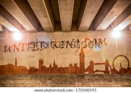 United Kingdom graffiti text and landmarks on the support column of an overpass