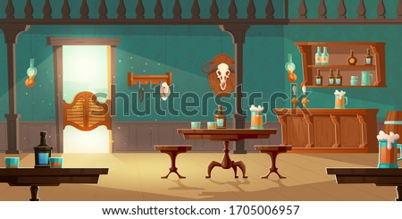 Cowboy saloon, western retro bar empty interior with wooden furniture and stuff, swing door, foamy beer pints on tables, chairs and counter desk, barrel, bottles and bull skull. Cartoon vector tavern Royalty-Free Stock Photo #1705006957