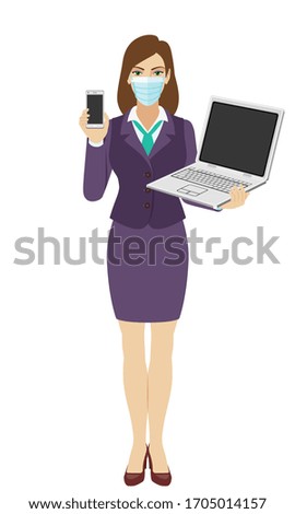 Businesswoman with medical mask holding a mobile phone and digital tablet PC. Full length portrait of businesswoman in a flat style. Vector illustration.