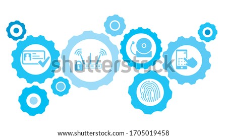 Smart phone, touch, lock, hand gear blue icon set. Abstract background with connected gears and icons for logistic, service, shipping, distribution, transport, market, communicate concepts