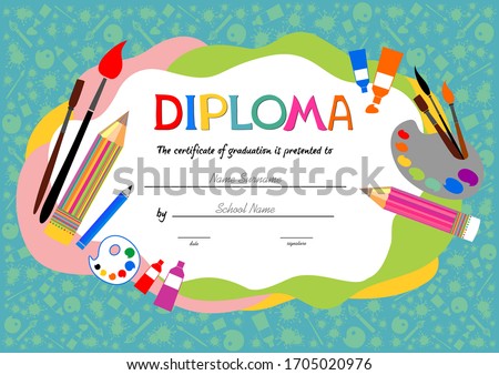 Template of Children Award Diploma. Pattern children's certificate for delivery on a creative contest in kindergarten or school.  Art supplies: paint tubes, brushes, palette. Vector illustration