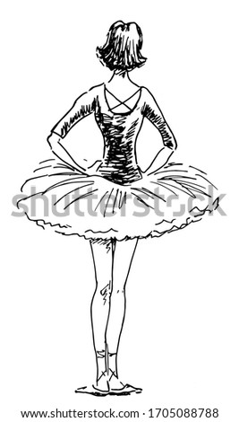 Ballet dancer girl standing back. hand drawn sketch, vector.