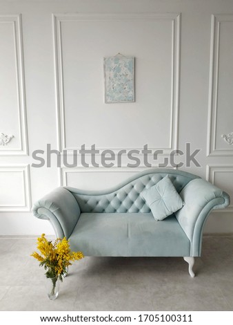 a Baroque sofa with a carriage tie upholstered in blue velvet in a white room with plaster stucco