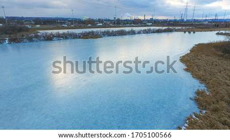 Aerial view of a frozen pond in Hamilton, Ontario.