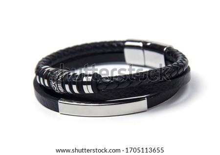 Black men's bracelet on a white background. Men's leather bracelet