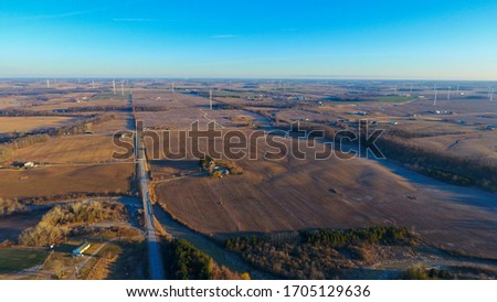 Aerial view of a wind farm between Peacock Point and Nanticoke in Ontario.