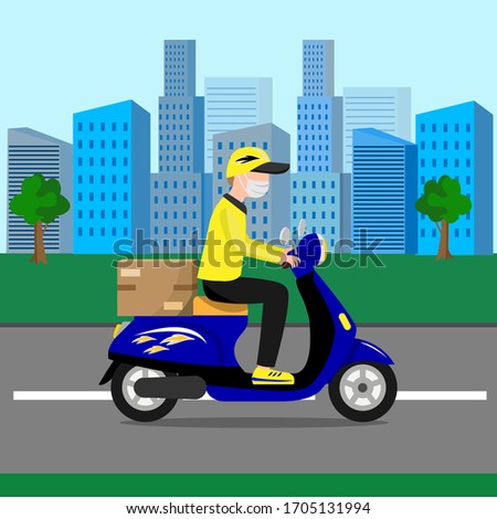 Delivery Riding Scooter Boy City Background Flat Vector Illustration
