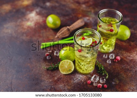 Two glasses with Lime Lemonade with thyme, cranberry and ice on light background. Refreshing summer homemade Alcoholic or non-alcoholic cocktails or Detox infused flavored water. Space for text.