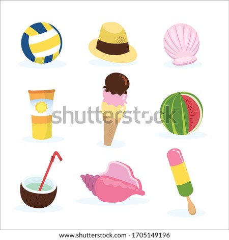 Summer beach elements vector set isolated on a white background.