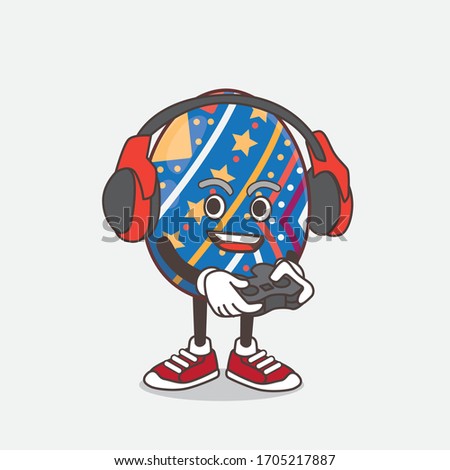 An illustration of Easter Egg cartoon mascot character play a game with headphone and controller