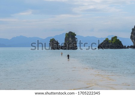 People walking in shallow waters of tropical island
