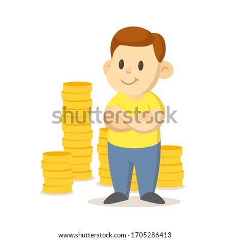Smiling boy standing in fron of big pile of golden coins. Rich, lucky young man, cartoon character design. Colorful flat vector illustration, isolated on white background.