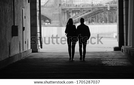 Loving couple black white photography.  Walk around the city with a loved one                       