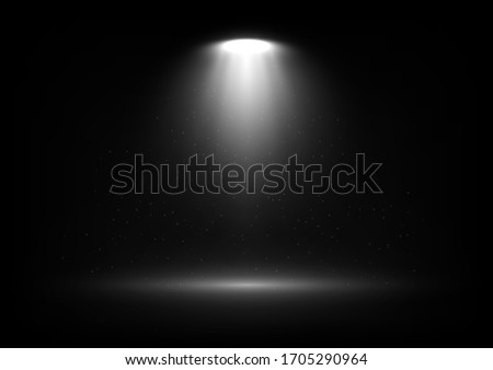 Vector spotlight on scene with light beams and particles in the air. Design for presentation your product. Eps 10. Royalty-Free Stock Photo #1705290964