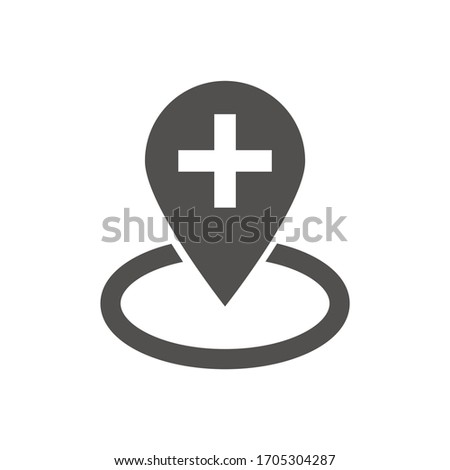 Geo position icon with the image of a medical cross. Geolocation. Medical care. Simple vector icon.