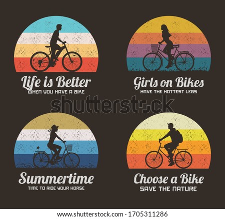 People on bikes. Retro backgrounds set. Cyclist on bicycle silhouette
