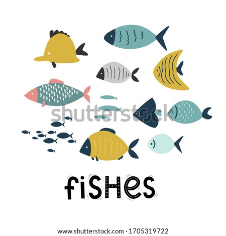 set of cute exotic fish, sea ocean, cartoon lettering vector illustration