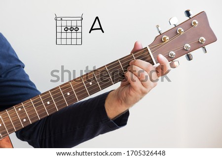 Learn Guitar - Man in a dark blue shirt playing guitar chords displayed on whiteboard, Chord A Royalty-Free Stock Photo #1705326448