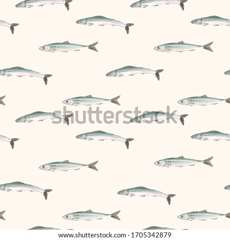 Beautiful seamless pattern with watercolor herring fish. Stock illustration.