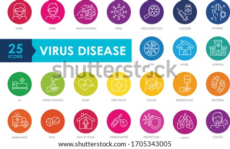 Coronavirus line icon set. Multi colored cartoon. Included icons as virus, ncov-2019, contagious, contagion, infection, surgical mask, hand washing, pneumonia, ambulance, hospital, vaccine and more.
