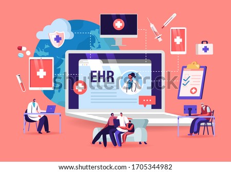 EHR, Electronic Health Record. Patient Character Insert Medical Data in Tablet. Doctor Use Digital Smart Device to Read Report Online. Modern Technology in Hospital. Cartoon Vector People Illustration Royalty-Free Stock Photo #1705344982