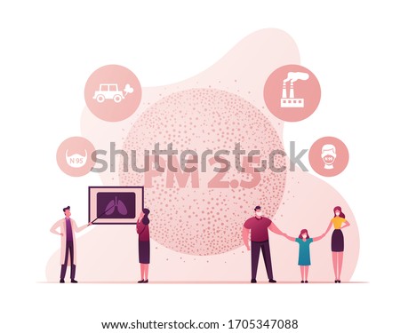 People Wearing Masks, Fine Dust Pm 2.5 Concept. Man, Woman and Child Characters Protecting of Air Pollution. Industrial Smog Protection, Doctor Explain of Emission Danger. Cartoon Vector Illustration Royalty-Free Stock Photo #1705347088