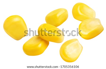 Flying delicious corn seeds, isolated on white background Royalty-Free Stock Photo #1705356106