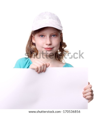 pretty little girl with a blank sheet of paper in her hands