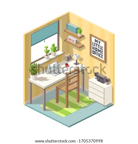 Isometric home office with furniture. Vector illustration with separate layers.